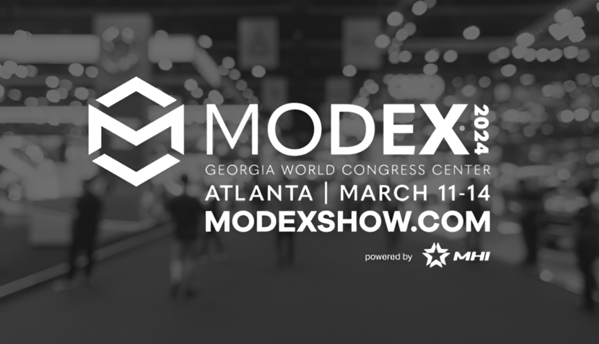 MODEX 2024 conference details over a grayscale blurry background.