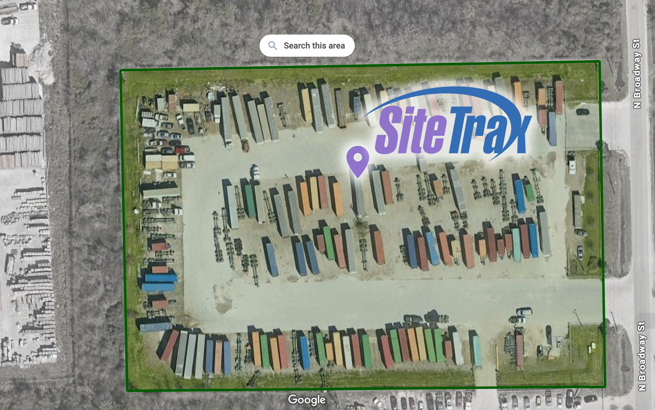Overhead view of a container yard with SiteTrax logo, demonstrating the YMS tracking capabilities.