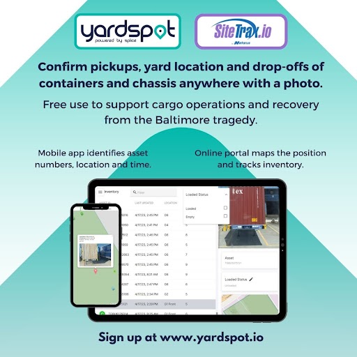 YardSpot by Splice and SiteTrax promotional graphic highlighting free service offer for cargo operations affected by Baltimore bridge collapse.