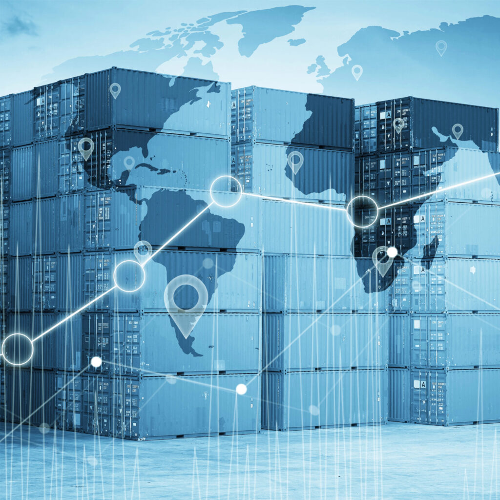 Overlay of world map with lines representing tracking with a background of stacks of shipping containers.