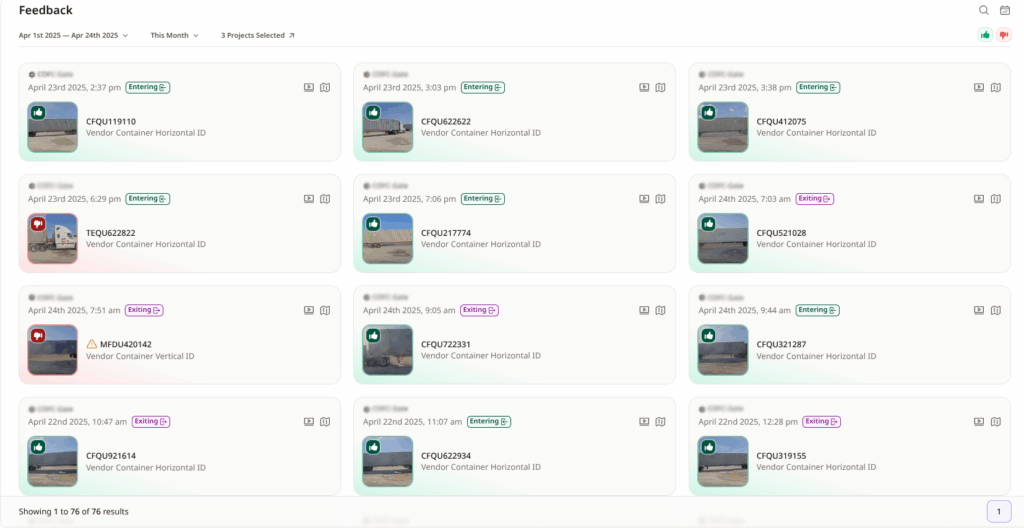 A feedback dashboard displaying multiple asset entries with details such as capture date, time, container ID, and movement status (e.g., "Entering" or "Exiting"). Each entry includes a thumbnail image, a thumbs-up or thumbs-down icon indicating positive or negative feedback, and metadata like container ID type (e.g., "Vendor Container Horizontal ID"). A total of 76 results are shown with filters for date range, project selection, and a toggle for feedback type in the top right corner.
