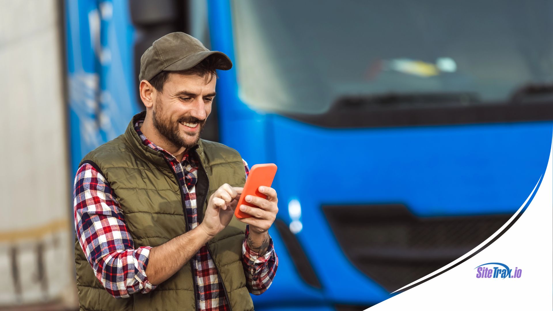 A smiling man wearing a cap, plaid shirt, and green vest uses a smartphone while standing in front of a blue truck. The SiteTrax.io logo appears in the bottom right corner.