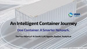 Title card "An Intelligent Container Journey — One Container. A Smarter Network." over a shipping container, with the IANA logo.